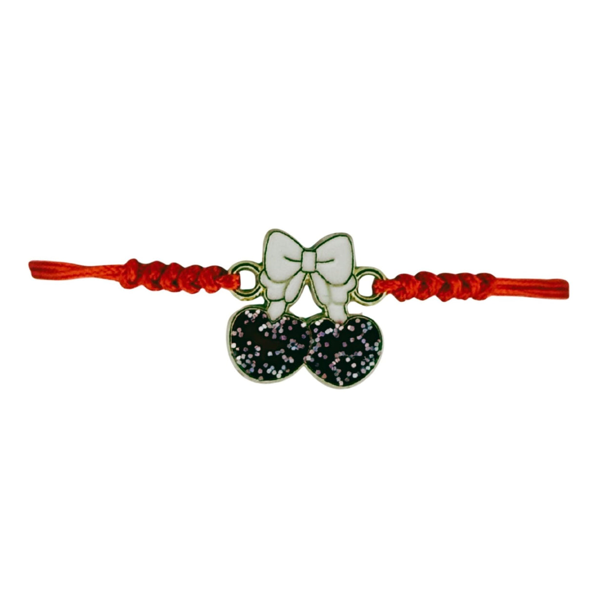 Martisor Bratara pentru Dama si Copii, Jolie, Model Cirese cu Fundita si Sclipici, Set 12 bucati, Pandantiv Emailat, Snur Reglabil, Rosu/Alb - vivimall.ro