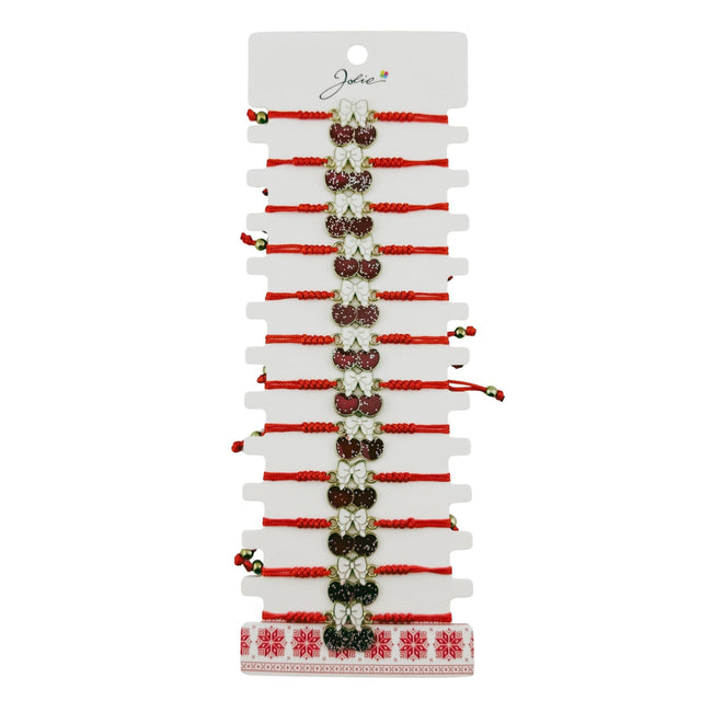 Martisor Bratara pentru Dama si Copii, Jolie, Model Cirese cu Fundita si Sclipici, Set 12 bucati, Pandantiv Emailat, Snur Reglabil, Rosu/Alb - vivimall.ro