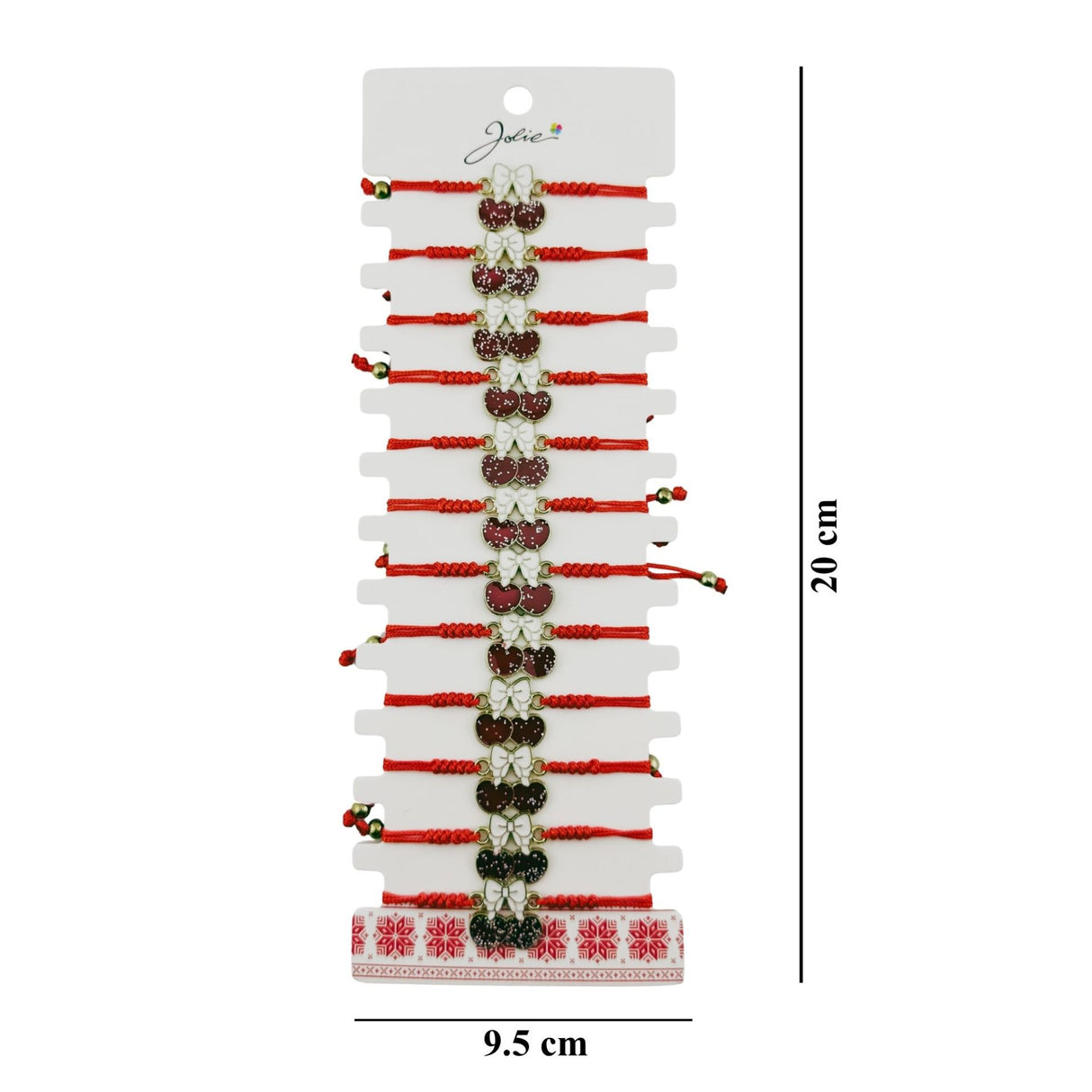 Martisor Bratara pentru Dama si Copii, Jolie, Model Cirese cu Fundita si Sclipici, Set 12 bucati, Pandantiv Emailat, Snur Reglabil, Rosu/Alb - vivimall.ro