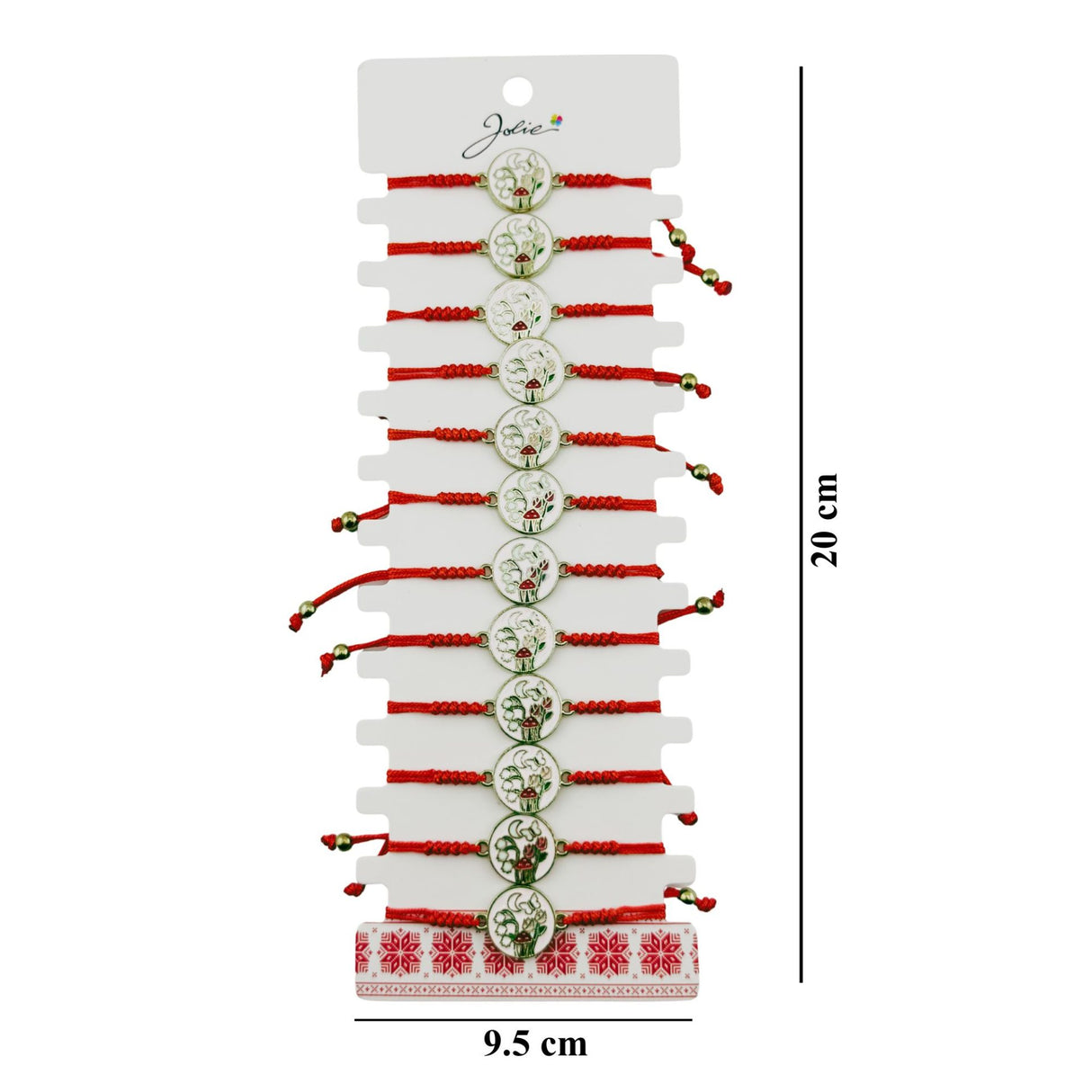 Martisor Bratara pentru Dama si Copii, Jolie, Model Gradina Magica cu Lacramioare si Fluture, Set 12 bucati, Pandantiv Emailat, Snur Reglabil, Rosu/Alb - vivimall.ro