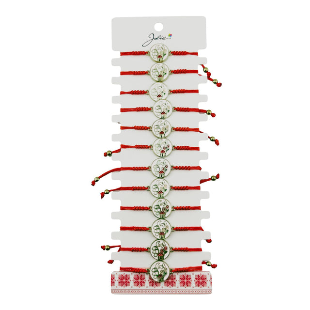 Martisor Bratara pentru Dama si Copii, Jolie, Model Gradina Magica cu Lacramioare si Fluture, Set 12 bucati, Pandantiv Emailat, Snur Reglabil, Rosu/Alb - vivimall.ro