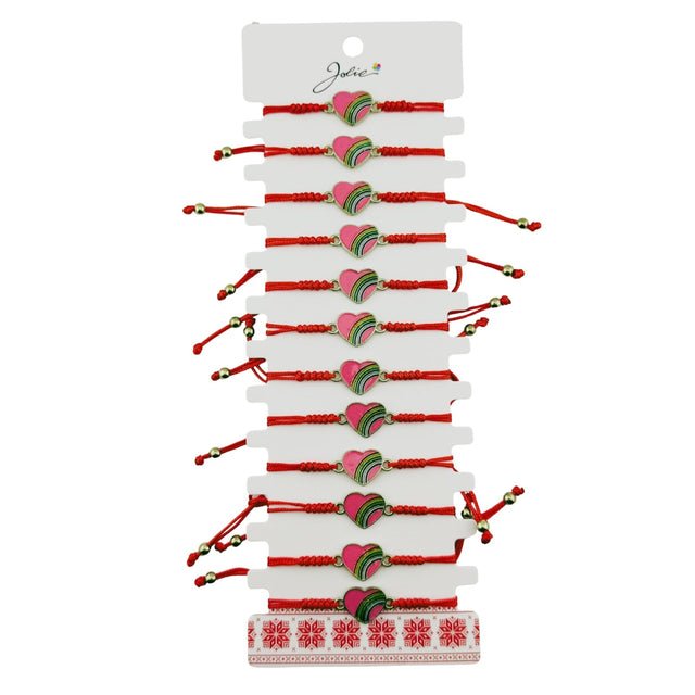 Martisor Bratara pentru Dama si Copii, Jolie, Model Inima cu Curcubeu Roz, Set 12 bucati, Pandantiv Emailat, Snur Reglabil, Rosu - vivimall.ro