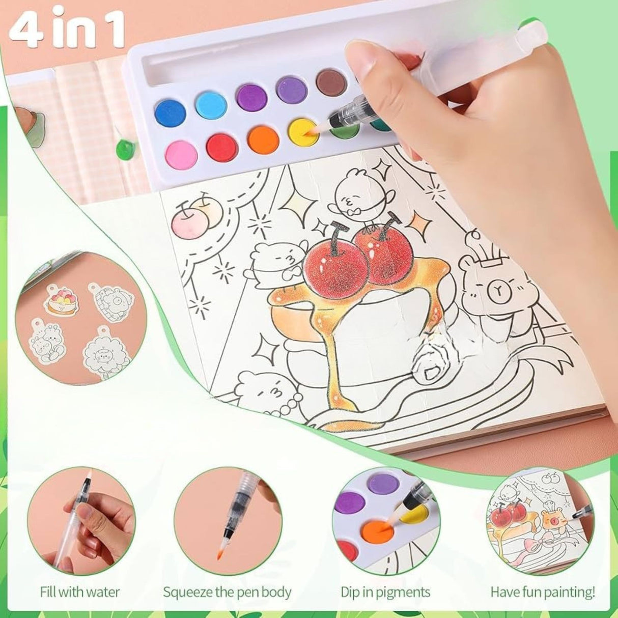 Cele 12 culori acuarelă incluse în setul de colorat Flippy model Capibara, aranjate în ordine