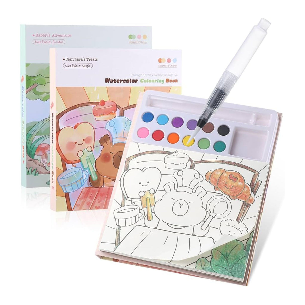 Conținut complet set Flippy Capibara: carte colorat, 12 culori, 3 pensule, ambalaj maro