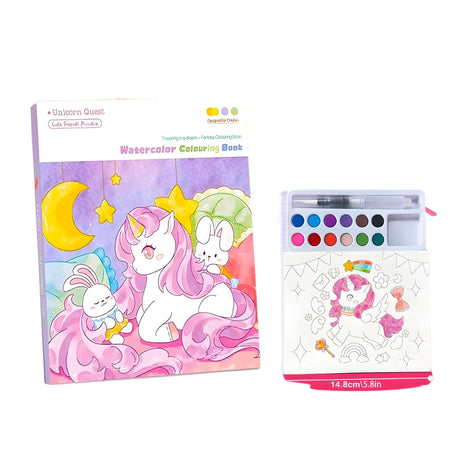 Set Carte de Colorat cu Acuarela, Flippy, Model Unicorn, 20 Foi de Carton 200 gr, 12 Culori, 1 Pensula, 15.7 x 18.8 x 1.8 cm, Mov