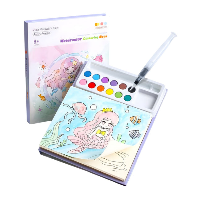 Carte de colorat cu acuarelă Flippy model Sirenă, set roz cu 20 foi 200g și 12 culori, vedere frontală