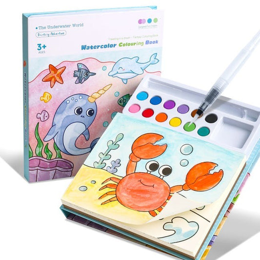 Carte de colorat cu acuarele Flippy model Balenă, set complet 20 foi carton 200 gsm, vedere frontală, albastru