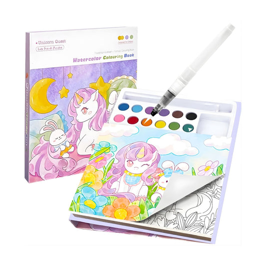 Carte de colorat cu acuarele Flippy model Unicorn mov, vedere frontală, 20 foi carton 200 gsm
