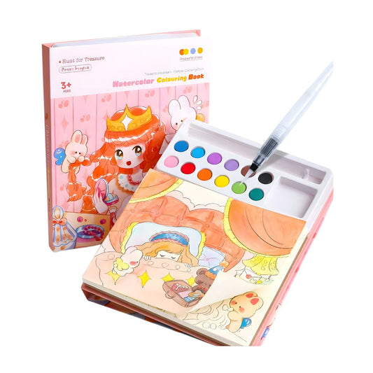 Carte de colorat cu acuarele Flippy model Prințesă, 20 foi carton 200 gsm, 12 culori, vedere frontală, roz deschis