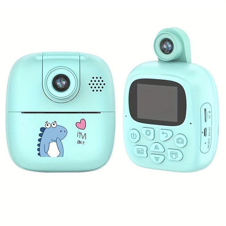 Set Camera Instantanee pentru Copii, Vivimall, Camera 180° Selfie, Ecran HD 2'', 24MP, 720P Video, 1200 mAh, cu Functie de Printare Alb-Negru, cablu USB-C, Bluetooth, Compatibil iOS/Android, Imprimare APP, Model Dino, Turcoaz - vivimall.ro