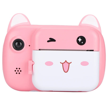 Set Camera Instantanee pentru Copii, Vivimall, Camera Selfie, Ecran HD 2.4'', 24MP, 1080P Video, 1200 mAh, cu Functie de Printare Alb-Negru, cablu USB-C, Bluetooth, Compatibil iOS/Android, Imprimare APP, Model Pisicia Emoji, Roz - vivimall.ro