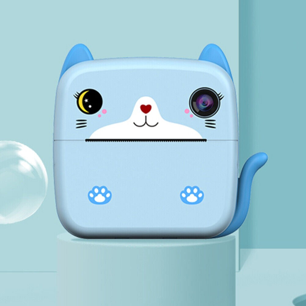 Set Camera Instantanee pentru Copii, Flippy, Ecran HD 2.4'', 24MP, 720P Video, 1200 mAh, cu Functie de Printare Alb-Negru, cablu USB-C, Bluetooth, Compatibil iOS/Android, Imprimare APP, Model Kitty, Albastru - vivimall.ro