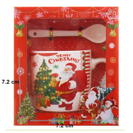 Set cana ceramica cu lingurita Vivimall, 200 ml, tematica Mos Craciun cu brad, alb - vivimall.ro