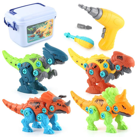 Set de Constructie/Asamblare, Vivimall, 4 Dinozauri, cu Bormasina Electrica, Baterii 2 x AA, Surubelnita si Cutie Depozitare, 22.5 x 14.5 x 15 cm, Multicolor - vivimall.ro