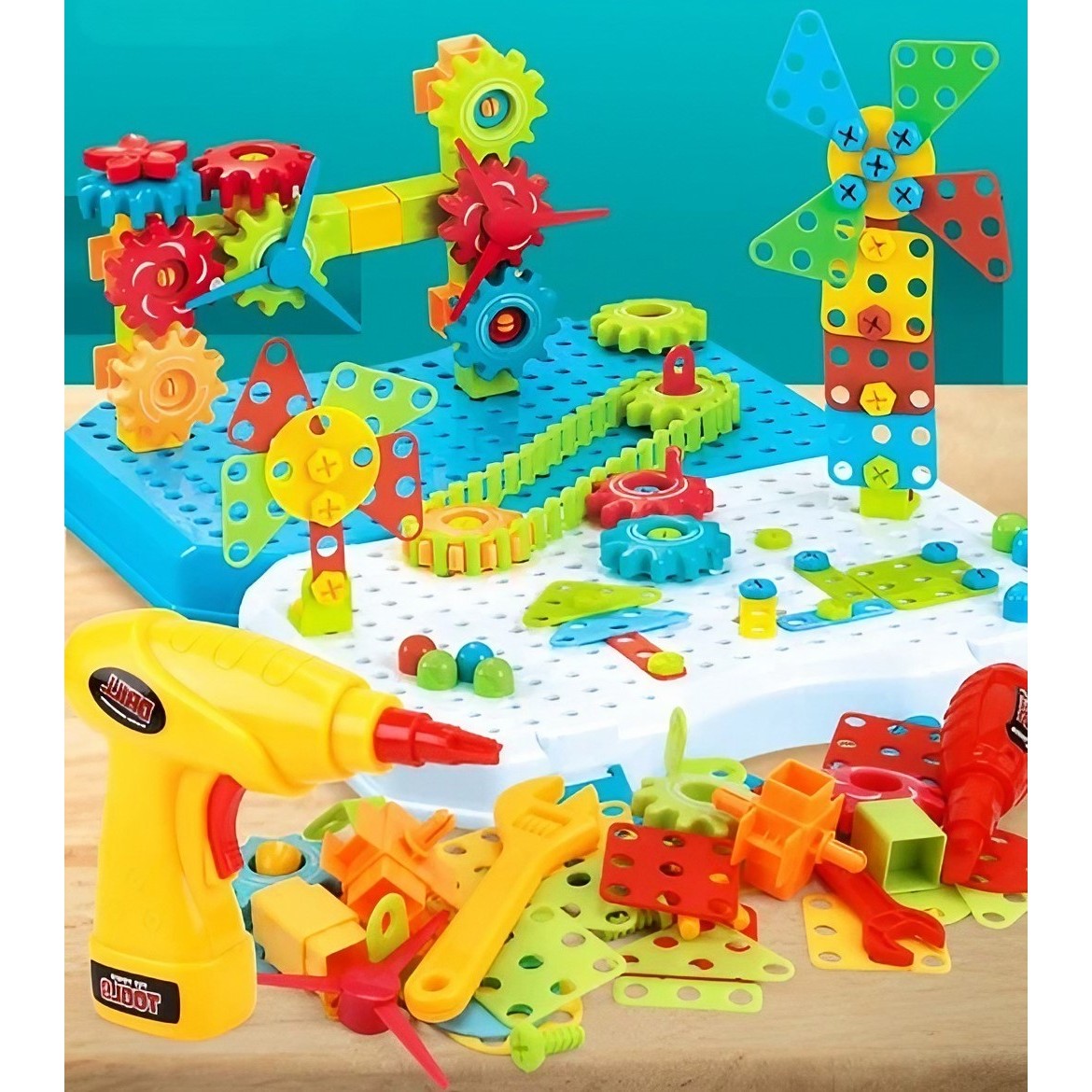 Set Constructie Bormasina Magica cu Servieta, Vivimall, 310 Piese, Albastru, Piese Multicolore, Plastic, 31x46 cm - vivimall.ro