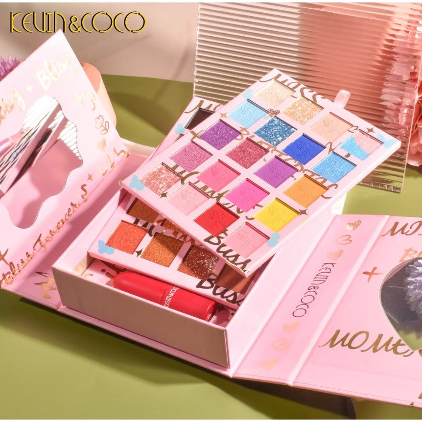 Set cosmetice Kevin&Coco, 4 Lip gloss, paleta farduri 40 culori nuante nude / rose, cutie cadou, Fara Sulfati, Pudra Compacta, Clasic, 17 x 14 x 5 cm, multicolor - vivimall.ro