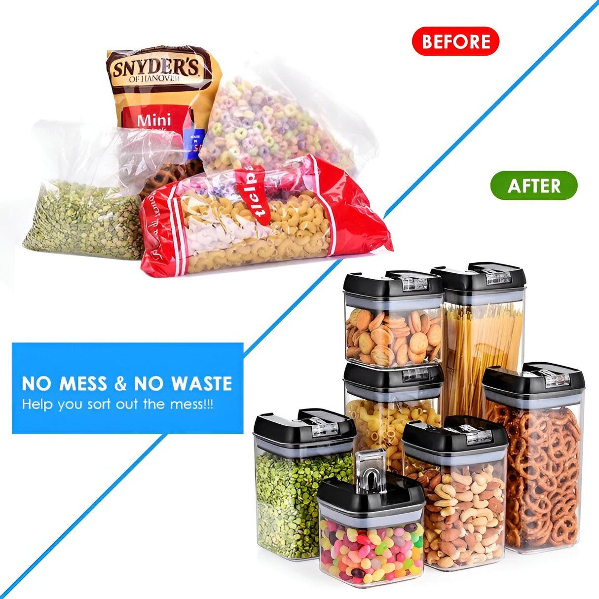 Set Cutii de Depozitare a Alimentelor, Vivimall, 7 Recipiente, 10 Etichete Reutilizabile, 4 Linguri, pentru Bucatarie, Spatula, Etansare, Fara BPA, Transparente, Capac Negru - vivimall.ro