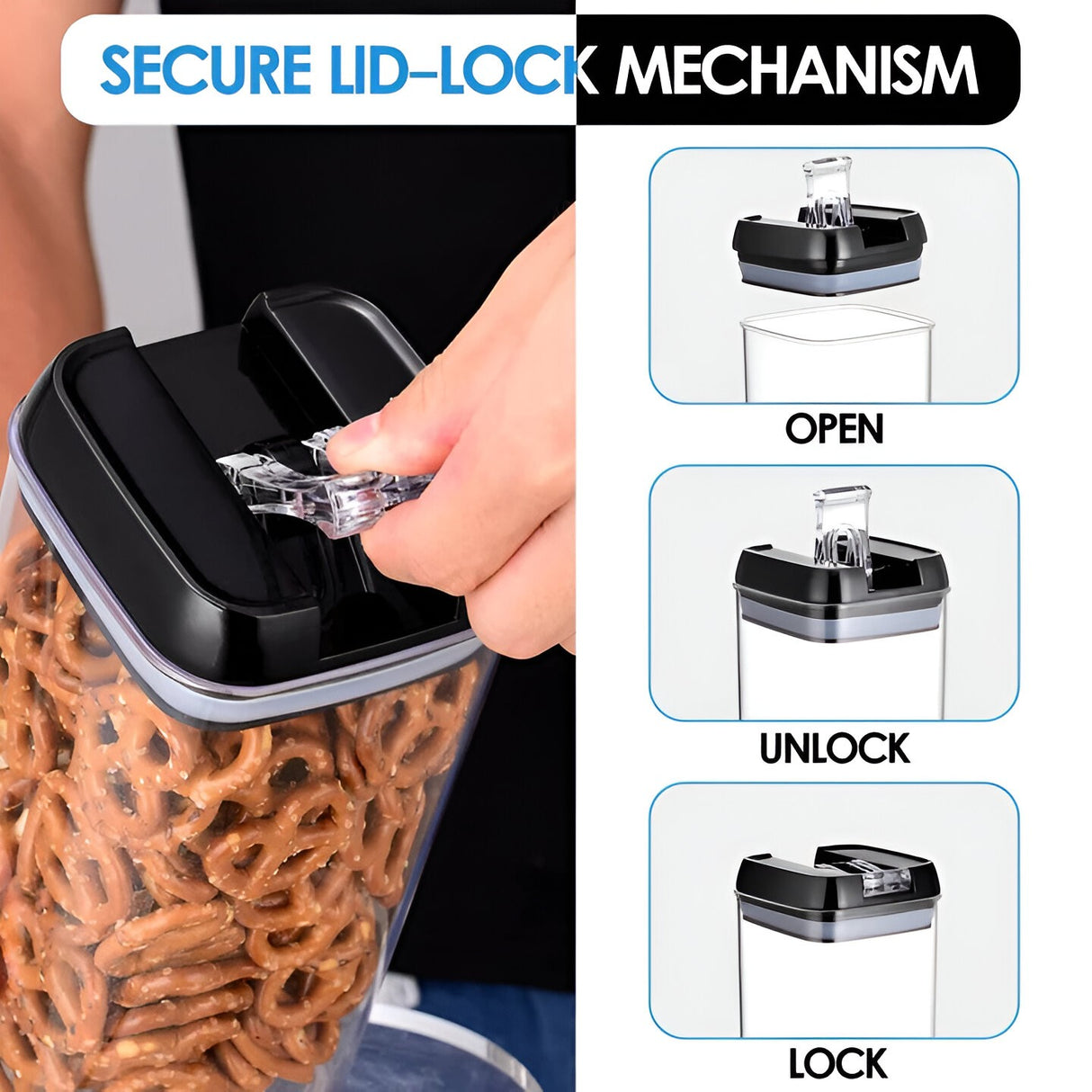 Set Cutii de Depozitare a Alimentelor, Vivimall, 7 Recipiente, 10 Etichete Reutilizabile, 4 Linguri, pentru Bucatarie, Spatula, Etansare, Fara BPA, Transparente, Capac Negru - vivimall.ro