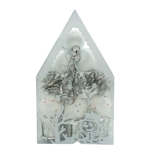 Set de 12 ornamente de brad, Vivimall, de tip Glob, Alb/ Argintiu, din polistiren, cu finisaj sclipitor , cutie  4  cm adancime x 20  cm inaltime x 12  cm lungime) - vivimall.ro