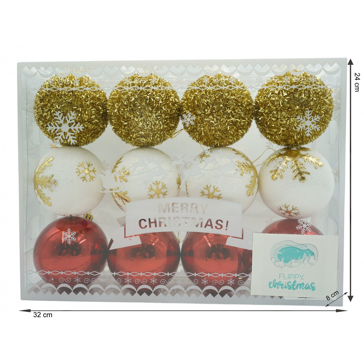 Set de 12 ornamente de brad, Vivimall, de tip Glob, Alb/ Rosu, din polistiren, cu finisaj sclipitor , cutie  8  cm adancime x 32  cm lungime x 24  cm inaltime - vivimall.ro