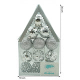Set de 12 ornamente de brad, Vivimall, de tip Glob, Argintiu, din plastic, cu finisaj sclipitor , cutie  6  cm adancime x 30  cm inaltime x 18  cm lungime) - vivimall.ro