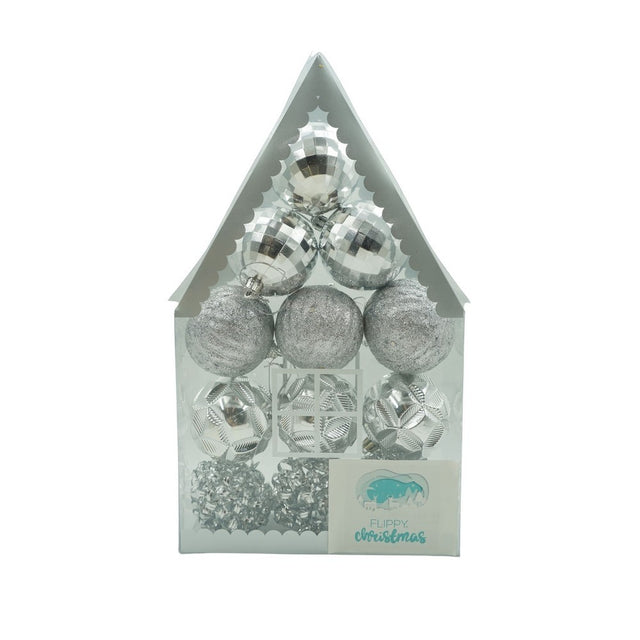 Set de 12 ornamente de brad, Vivimall, de tip Glob, Argintiu, din plastic, cu finisaj sclipitor , cutie  6  cm adancime x 30  cm inaltime x 18  cm lungime) - vivimall.ro