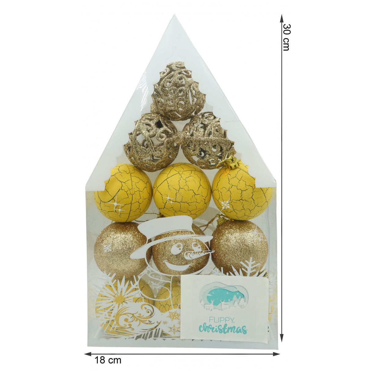 Set de 12 ornamente de brad, Vivimall, de tip Glob, Auriu/ Galben, din plastic, cu finisaj sclipitor , cutie  6  cm adancime x 30  cm inaltime x 18  cm lungime) - vivimall.ro