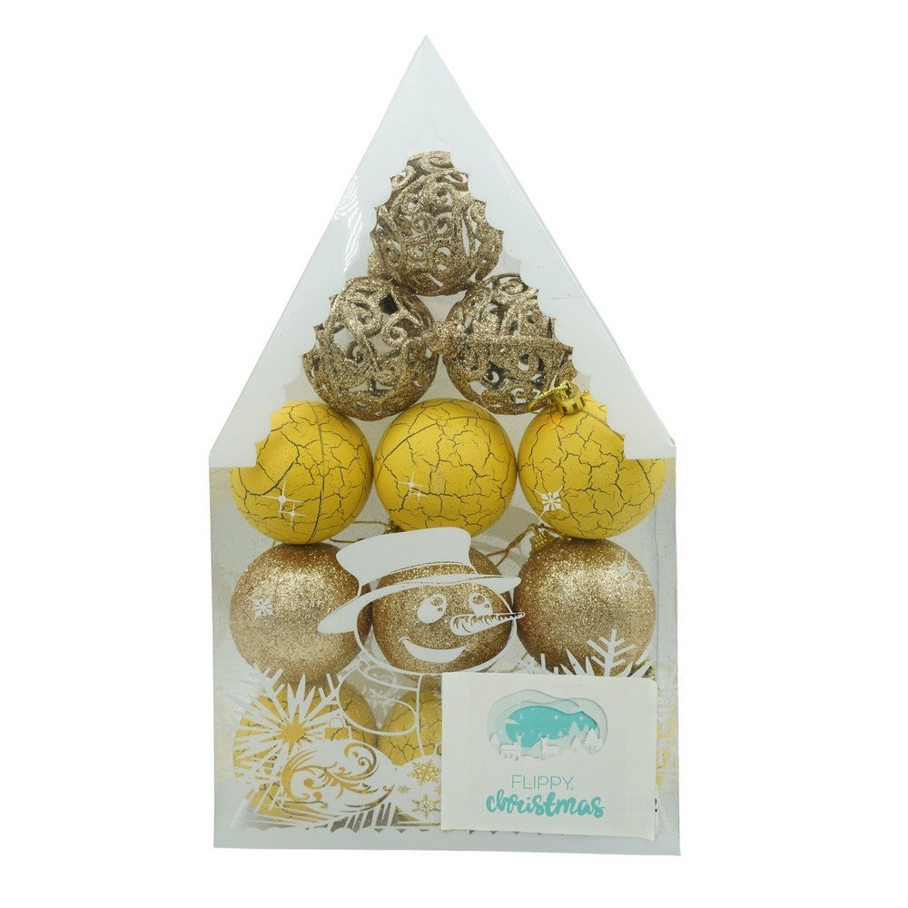 Set de 12 ornamente de brad, Vivimall, de tip Glob, Auriu/ Galben, din plastic, cu finisaj sclipitor , cutie  6  cm adancime x 30  cm inaltime x 18  cm lungime) - vivimall.ro