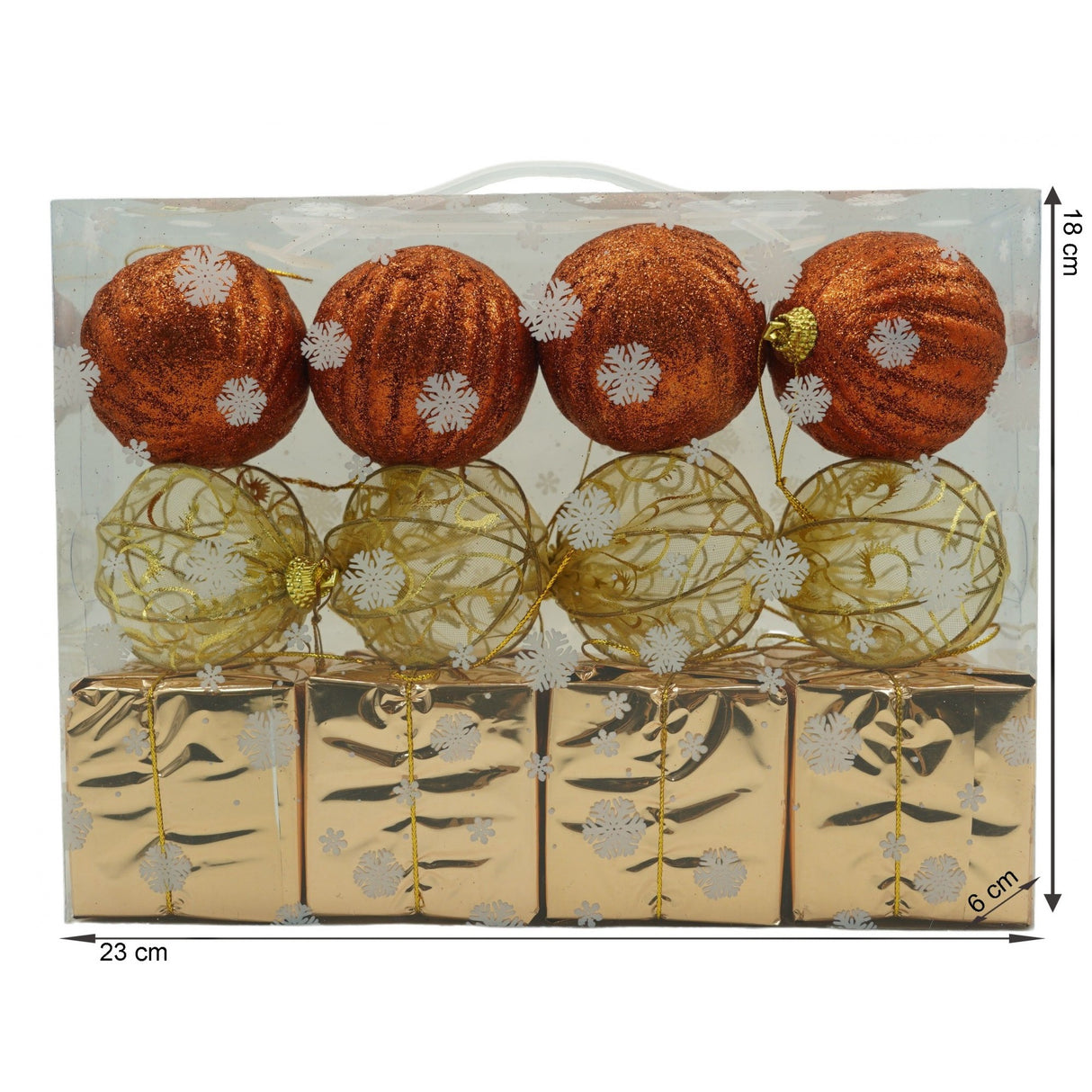 Set de 12 ornamente de brad, Vivimall, de tip Glob, Cupru/ Auriu, din polistiren, cu finisaj sclipitor , cutie  6  cm adancime x 23  cm lungime x 18  cm inaltime - vivimall.ro