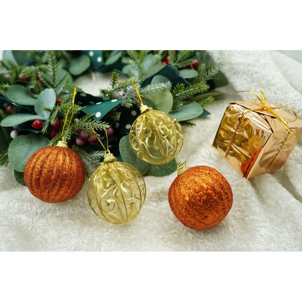 12 Darabos Karácsonyi Dísz Készlet, Gömb Formájú, Réz/, Polisztirol, Csillámos Bevonattal, Doboz 6 Cm Mélység X 23 Cm Hossz X 18 Cm Magasság