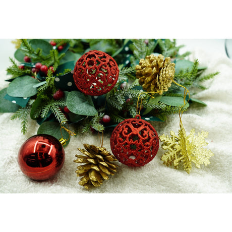 Set de 12 ornamente de brad, Vivimall, de tip Glob, Rosu/ Auriu, din plastic, cu finisaj sclipitor , cutie  6  cm adancime x 23  cm lungime x 18  cm inaltime - vivimall.ro