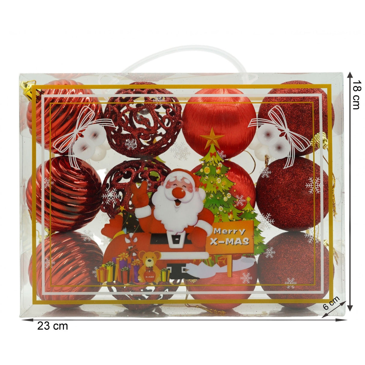 12 darabos karácsonyi díszkészlet, gömb alakú, polisztirolból készült, csillámos bevonattal, doboz méretei: 6 cm mélység x 23 cm hosszúság x 18 cm magasság