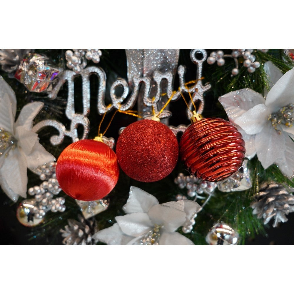 12 darabos karácsonyi díszkészlet, gömb alakú, polisztirolból készült, csillámos bevonattal, doboz méretei: 6 cm mélység x 23 cm hosszúság x 18 cm magasság