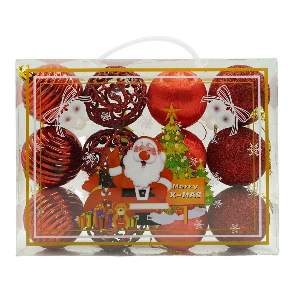 12 darabos karácsonyi díszkészlet, gömb alakú, polisztirolból készült, csillámos bevonattal, doboz méretei: 6 cm mélység x 23 cm hosszúság x 18 cm magasság
