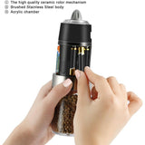 Set de 2 Rasnite electrice de Sare si Piper, Vivimall, cu Camere Depozitare Transparente, Macinare, Functionare pe Baterii, cu Lumina, ABS, 20x6.5 cm, Argintiu/Transparent - vivimall.ro