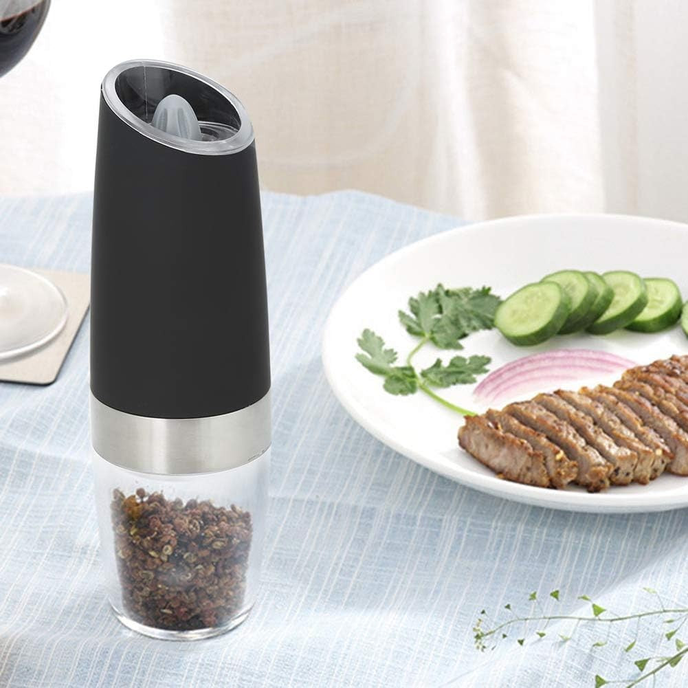 Set de 2 Rasnite electrice de Sare si Piper, Vivimall, cu Camere Depozitare Transparente, Macinare, Functionare pe Baterii, cu Lumina, ABS, 20x6.5 cm, Negru/Transparent - vivimall.ro