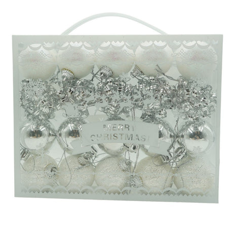 Set de 20 ornamente de brad, Vivimall, de tip Glob, Alb/ Argintiu, din polistiren, cu finisaj sclipitor , cutie  4  cm adancime x 20  cm lungime x 16  cm inaltime - vivimall.ro