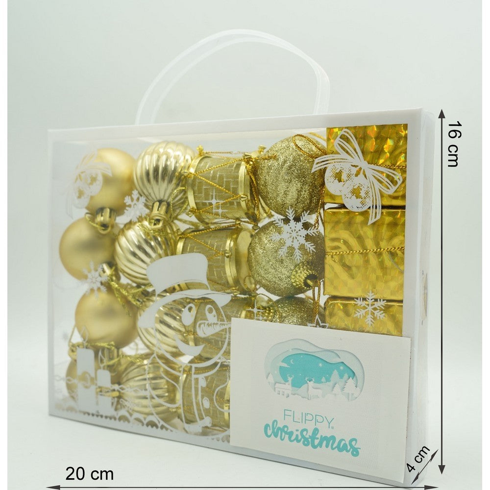 20 darabos karácsonyi díszkészlet, gömb alakú, polisztirolból készült, csillámos bevonattal, doboz méretei: 4 cm mélység x 20 cm hosszúság x 16 cm magasság