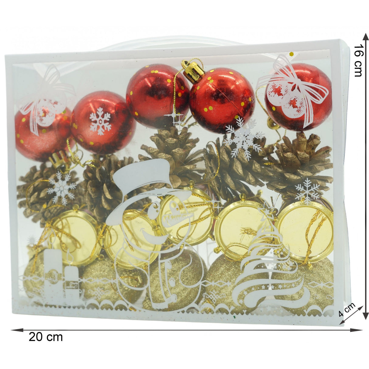 20 darabos karácsonyi díszkészlet, gömb alakú, polisztirolból készült, csillámos bevonattal, doboz méretei: 4 cm mélység x 20 cm hosszúság x 16 cm magasság