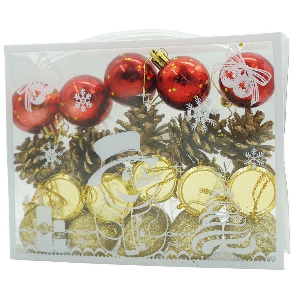 20 darabos karácsonyi díszkészlet, gömb alakú, polisztirolból készült, csillámos bevonattal, doboz méretei: 4 cm mélység x 20 cm hosszúság x 16 cm magasság