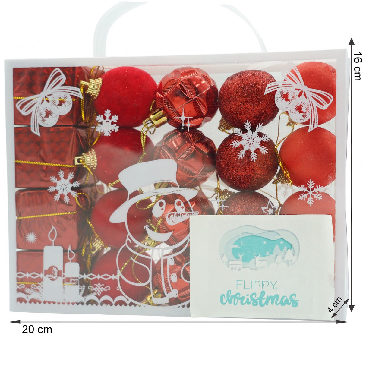 20 darabos karácsonyi díszkészlet, gömb alakú, polisztirolból készült, csillámos bevonattal, doboz méretei: 4 cm mélység x 20 cm hosszúság x 16 cm magasság
