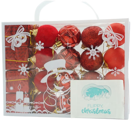 20 darabos karácsonyi díszkészlet, gömb alakú, polisztirolból készült, csillámos bevonattal, doboz méretei: 4 cm mélység x 20 cm hosszúság x 16 cm magasság