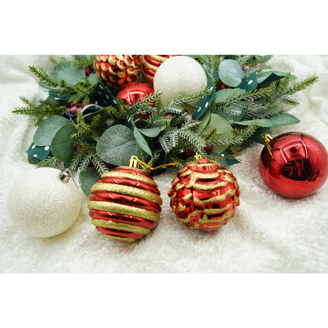 Set de 24 ornamente de brad, Flippy, de tip Glob, Alb/ Rosu, cu ø de 7 cm, din plastic, cu finisaj sclipitor , cutie  16  cm lungime x 36  cm inaltime x 16  cm adancime - vivimall.ro