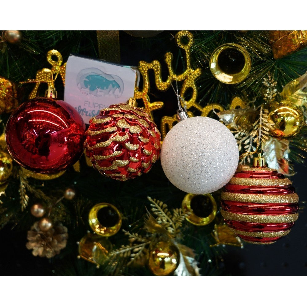 Set de 24 ornamente de brad, Vivimall, de tip Glob, Alb/ Rosu, cu ø de 7 cm, din plastic, cu finisaj sclipitor , cutie  16  cm lungime x 36  cm inaltime x 16  cm adancime, Resigilat - vivimall.ro