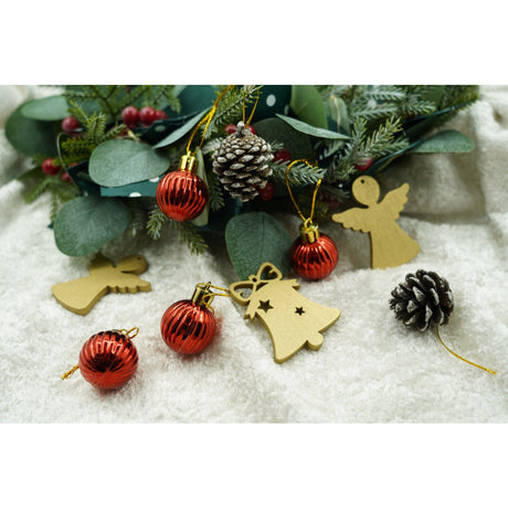 24 darabos karácsonyi díszkészlet, gömb alakú, polisztirolból készült, csillámos bevonattal, doboz méretei: 3 cm mélység x 20 cm hosszúság x 14 cm magasság
