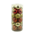 Set 24 ornamente brad glob roșu și auriu, plastic sclipitor, diametru 7 cm, vedere de ansamblu