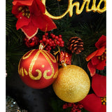 24 darabos karácsonyi díszkészlet, gömb alakú, piros/, 8 cm átmérőjű, műanyag, csillámos bevonattal, doboz 19 cm hosszú x 42 cm magas x 19 cm mély