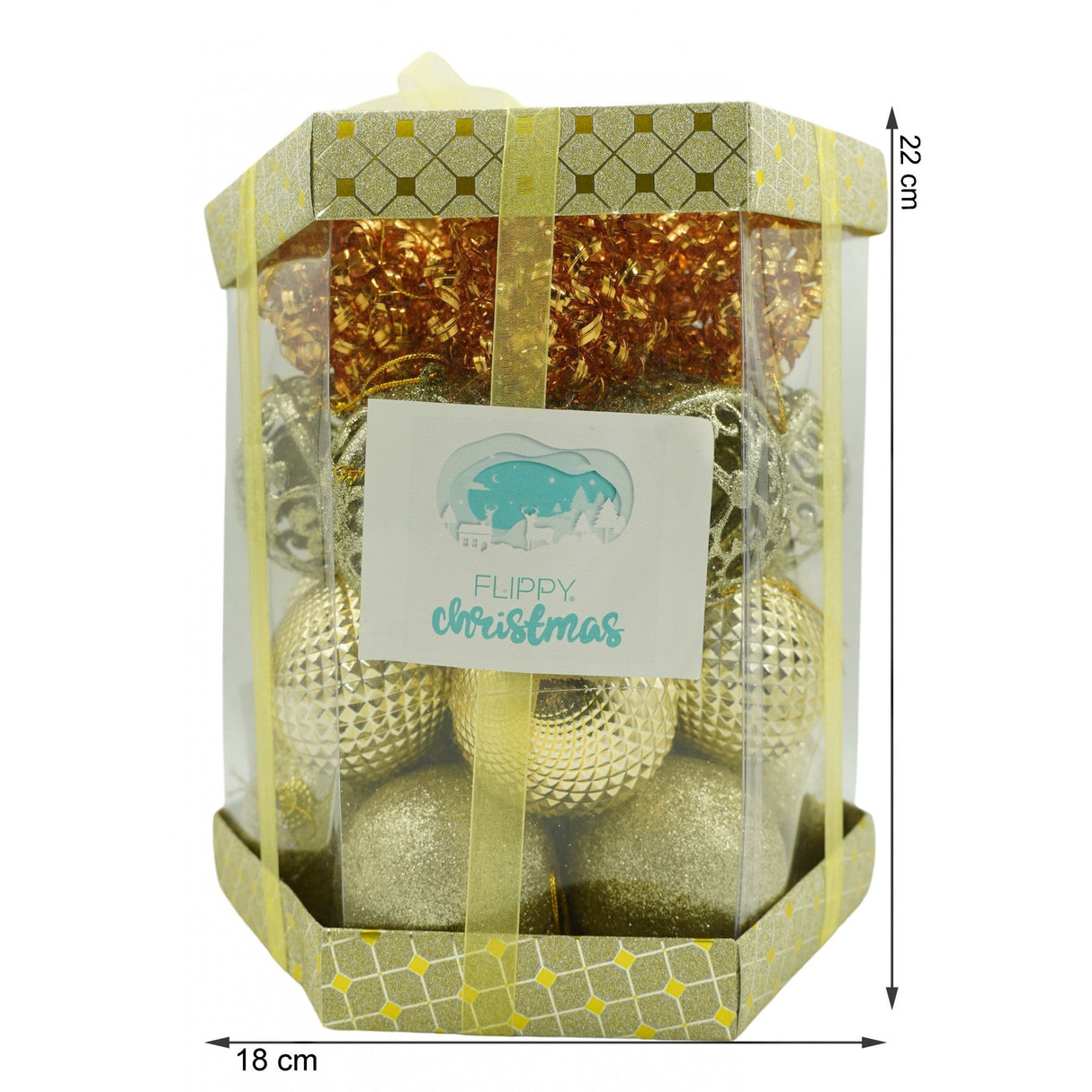 Set de 28 ornamente de brad, Vivimall, de tip Glob, Cupru/ Auriu, din polistiren, cu finisaj sclipitor , cutie  18  cm adancime x 22  cm inaltime x 18  cm lungime) - vivimall.ro