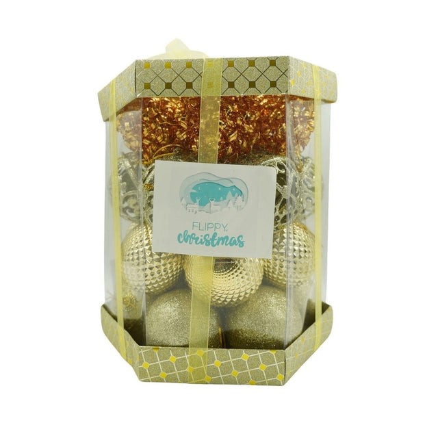 Set de 28 ornamente de brad, Vivimall, de tip Glob, Cupru/ Auriu, din polistiren, cu finisaj sclipitor , cutie  18  cm adancime x 22  cm inaltime x 18  cm lungime) - vivimall.ro