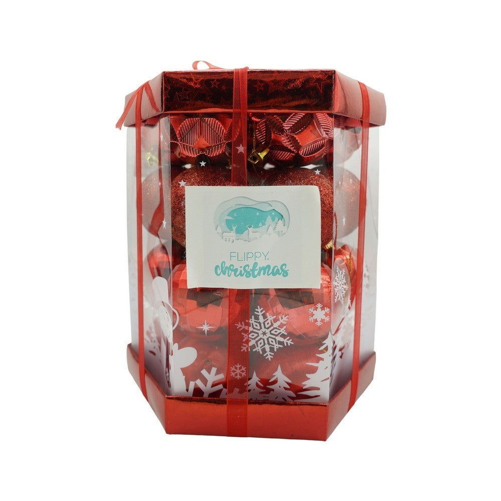 Set de 28 ornamente de brad, Vivimall, de tip Glob, Rosu, din polistiren, cu finisaj sclipitor , cutie  18  cm adancime x 22  cm inaltime x 18  cm lungime) - vivimall.ro